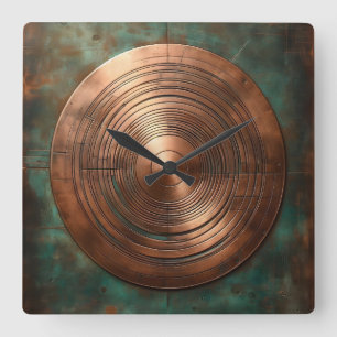 polished copper on weathered base square wall clock