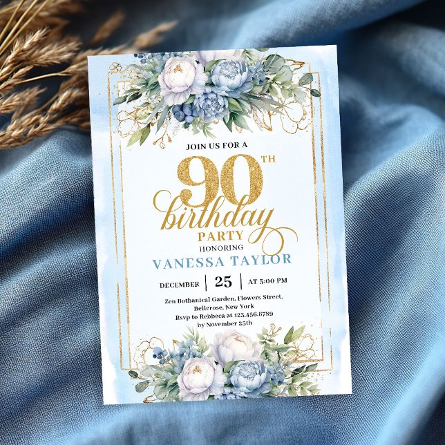 Polished dusty blue gold palette 90th birthday  invitation (Polished dusty blue gold palette 90th birthday celebration)