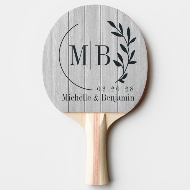 Polished Grey Wooden Leaf Wedding Monogram Ping Pong Paddle (Back)