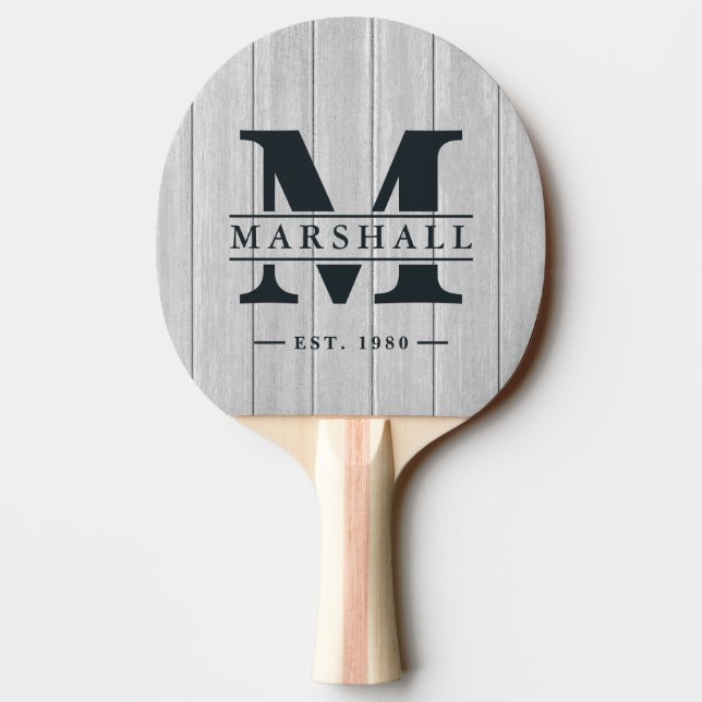 Polished Grey Wooden Monogram & Name Overlay Ping Pong Paddle (Back)