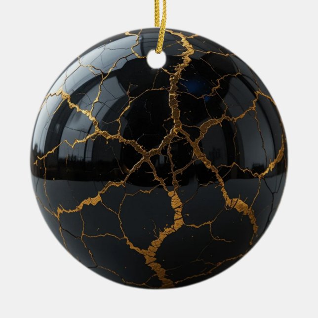 Polished Obsidian Sphere with Veins of Molten Gold Ceramic Tree Decoration (Front)