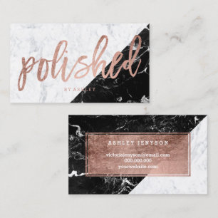 Polished rose gold typography black white marble business card