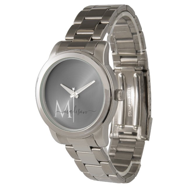 Polished Silver Radial Metallic Script Name Watch (Angled)