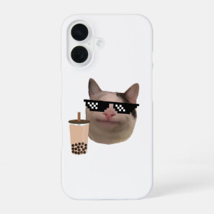 Polite Cat Meme with Swag Glasses and Boba Drink iPhone 16 Case