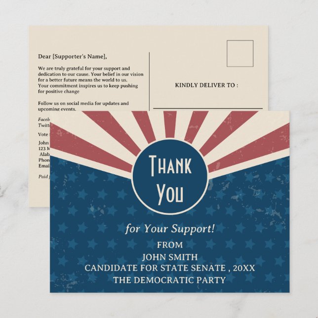 Political Campaign Event  Rally Donation Thank You Postcard (Front/Back)
