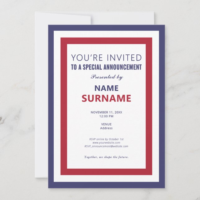 Political Candidate Teaser Campaign Kickoff Launch Invitation (Front)