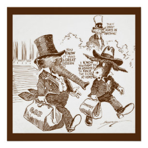 Political Cartoon USA  c. 1920 Elephant &  Donkey Poster