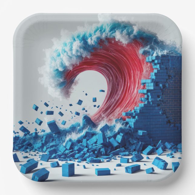 Political Red Wave Destroying a Blue Wall Paper Plate (Front)