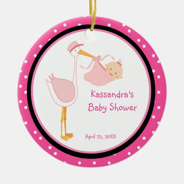 Polka Dot Adorable Stork Baby Girl Shower Ornament (Front)