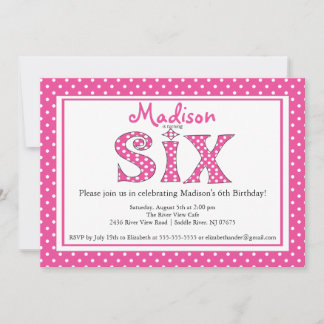 Polka Dot Alphabet Sixth Birthday Party Invitation