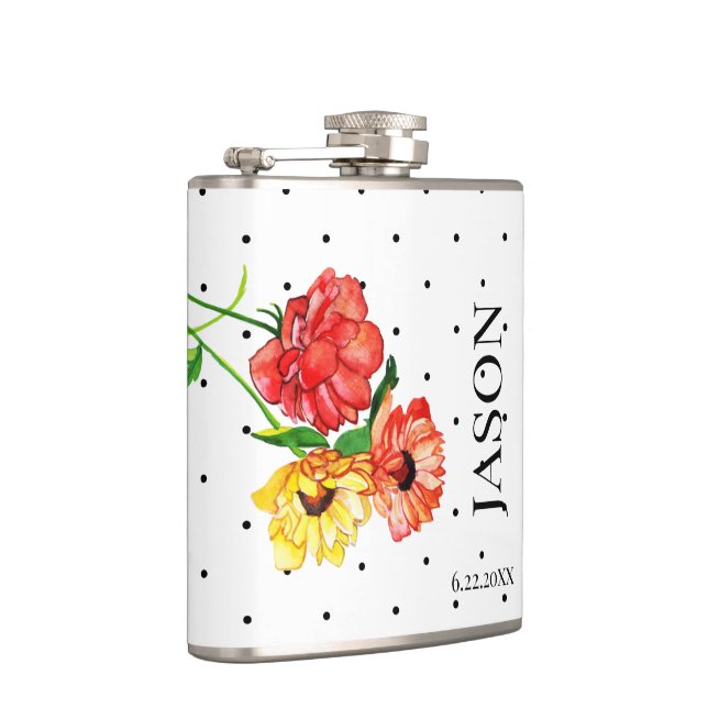 Polka Dot and Red Yellow Floral Groomsmen Hip Flask (Right)