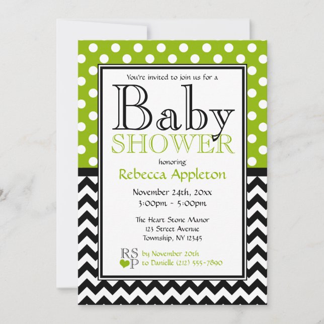 Polka Dot Apple Green & Chevron Baby Shower Invitation (Front)