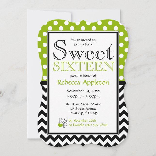 Polka Dot Apple Green Chevron Sweet Sixteen Invitation (Front)