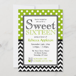 Polka Dot Apple Green Chevron Sweet Sixteen Invitation