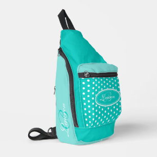 Polka dot aqua and white sling bag
