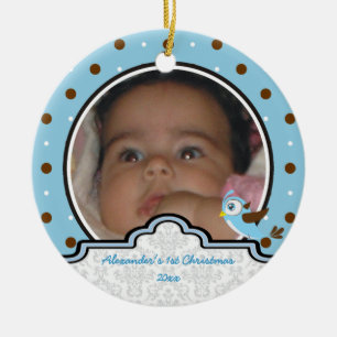 Polka dot baby boy first Christmas photo ornament