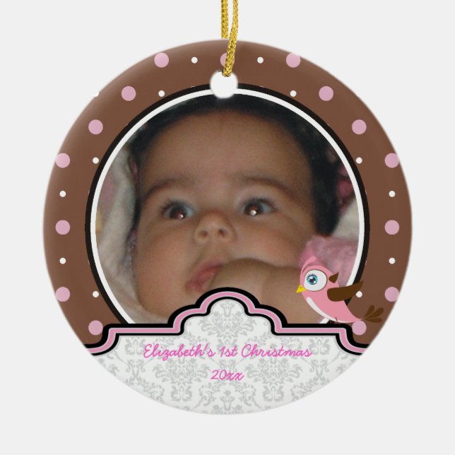 Polka dot baby girl first Christmas photo ornament (Front)