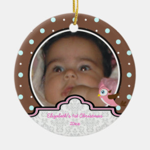 Polka dot baby girl first Christmas photo ornament