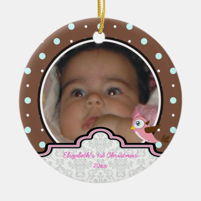 Polka dot baby girl first Christmas photo ornament (Front)