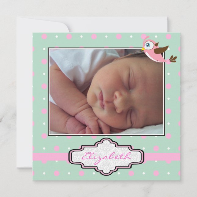 Polka dot, bird with frame baby girl birth photo announcement (Front)