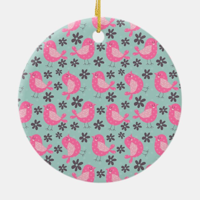 Polka Dot Birds and Flowers Ceramic Tree Decoration (Back)