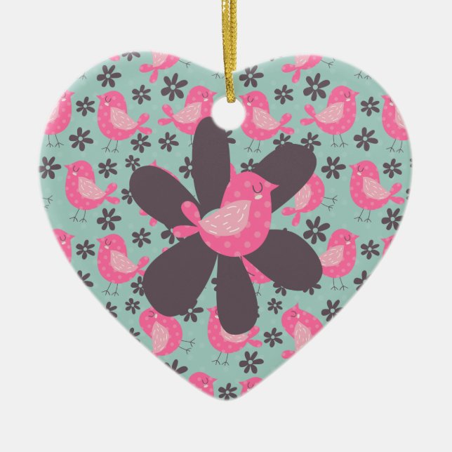 Polka Dot Birds and Flowers Ceramic Tree Decoration (Front)