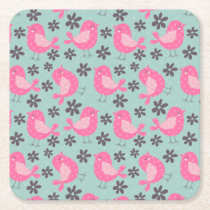 Polka Dot Birds and Flowers Square Paper Coaster