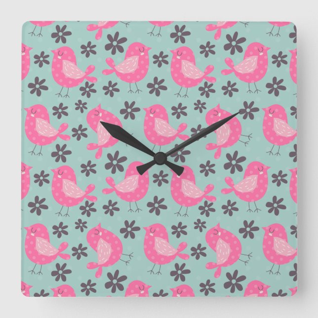 Polka Dot Birds and Flowers Square Wall Clock (Front)