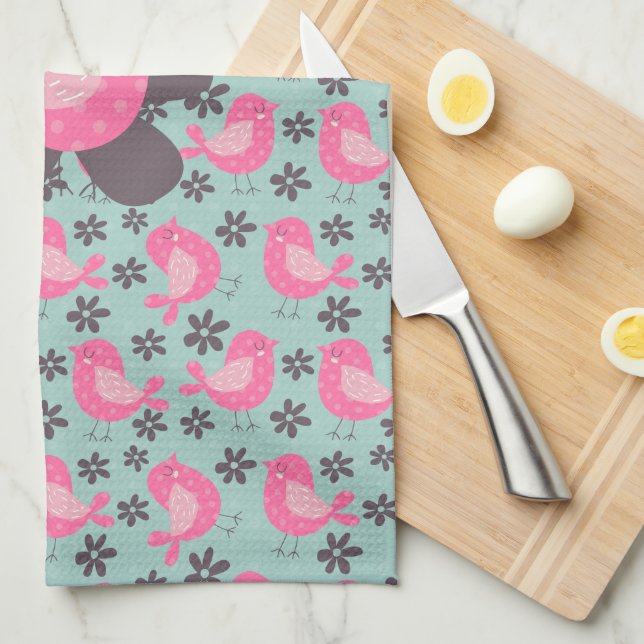 Polka Dot Birds and Flowers Tea Towel (Quarter Fold)