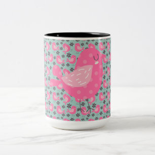 Polka Dot Birds and Flowers Two-Tone Coffee Mug
