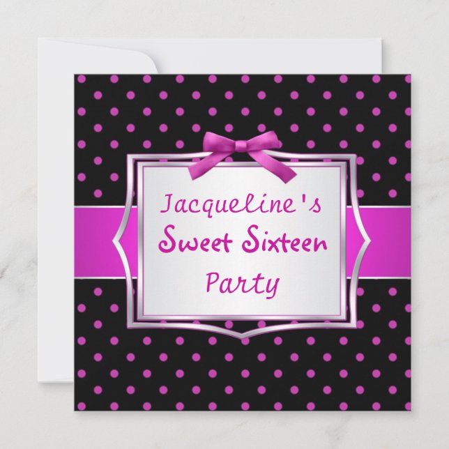 Polka dot black and hot pink Sweet 16 Invitation (Front)