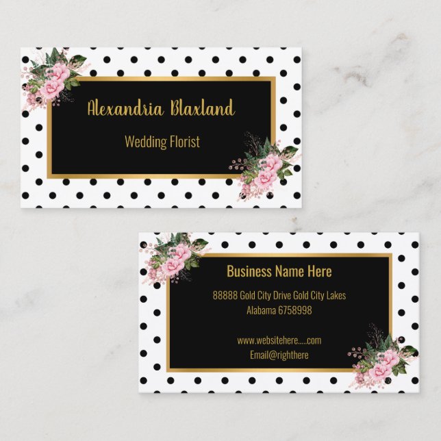 POLKA DOT BLACK GOLD PINK FLORAL BUSINESS CARD (Front/Back)