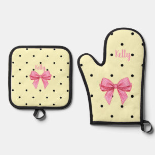 Polka Dot Black Yellow Pink Bow Personalised Oven Mitt & Pot Holder Set