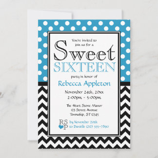 Polka Dot Blue & Chevron Sweet Sixteen Invitations