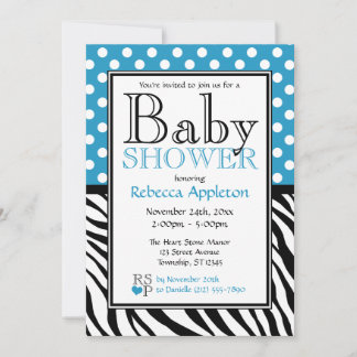 Polka Dot Blue & Zebra Print Baby Shower Invitation
