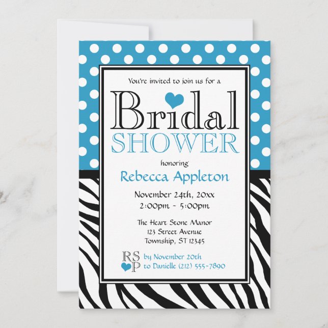 Polka Dot Blue & Zebra Print Bridal Shower Invitation (Front)