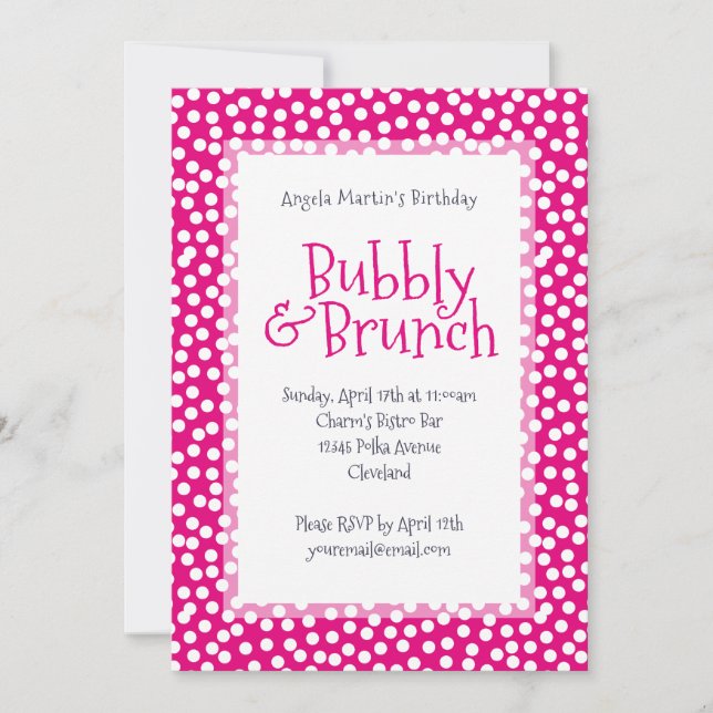 Polka Dot Bubbly and Brunch Hot Pink Invitation (Front)