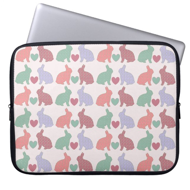 Polka Dot Bunnies and Hearts Pattern on Pink Laptop Sleeve (Front)