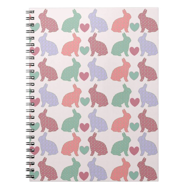 Polka Dot Bunnies and Hearts Pattern on Pink Notebook (Front)