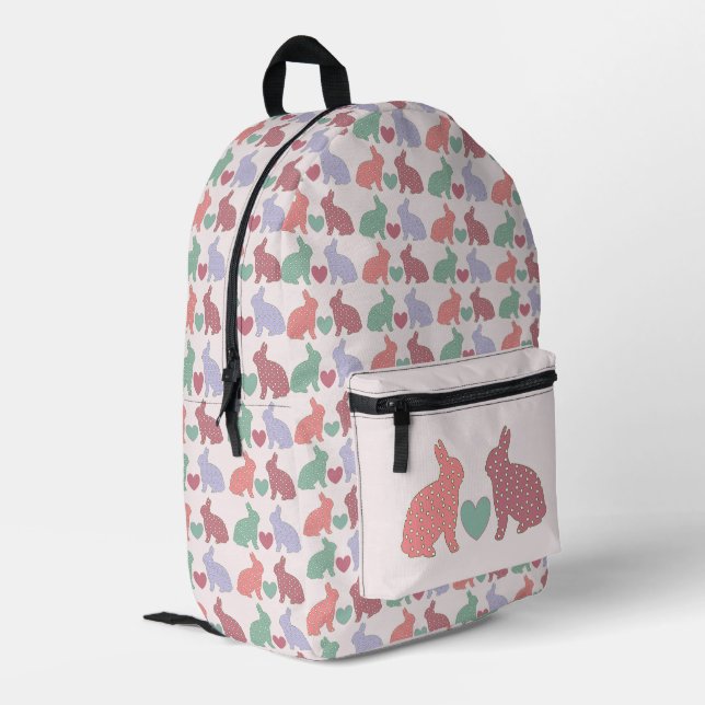 Polka Dot Bunnies and Hearts Pattern on Pink Printed Backpack (Back Corner Left)