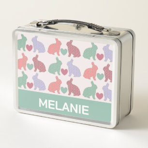 Polka Dot Bunnies Pattern on Pink Personalised Metal Lunch Box