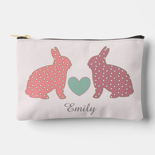 Polka Dot Bunnies Pink Personalised Accessory Pouch (Front)