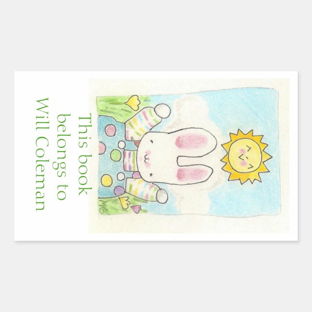 Polka dot bunny bookplate rectangular sticker (Front)