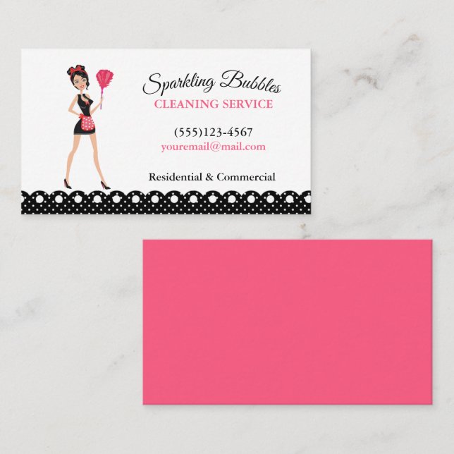 Polka Dot Cartoon Maid House Cleaning Service   Business Card (Front/Back)