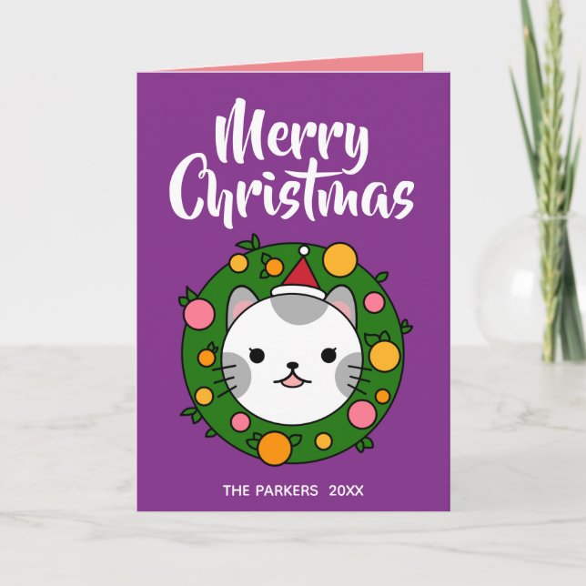 Polka Dot Cat Wreath Purple| Merry Christmas Photo Holiday Card (Front)