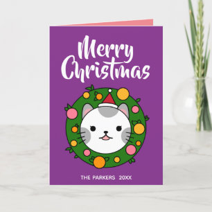 Polka Dot Cat Wreath Purple  Merry Christmas Photo Holiday Card