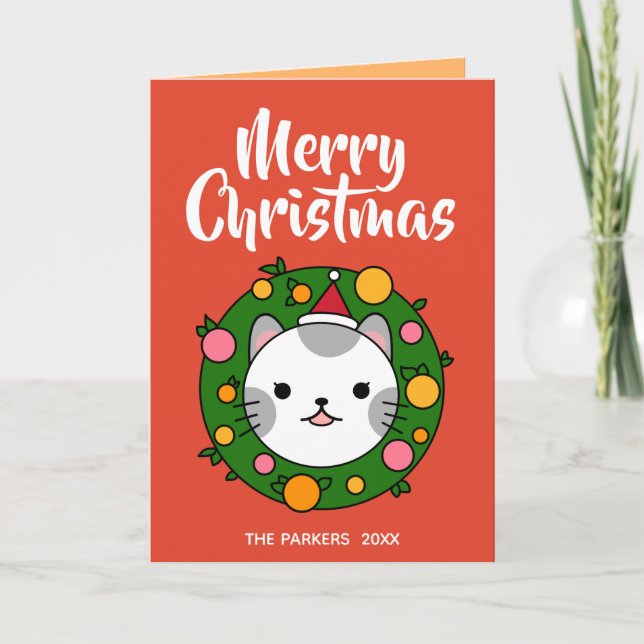 Polka Dot Cat Wreath Red | Merry Christmas Photo Holiday Card (Front)
