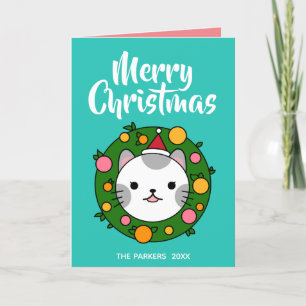 Polka Dot Cat Wreath Turquoise   Christmas Photo Holiday Card