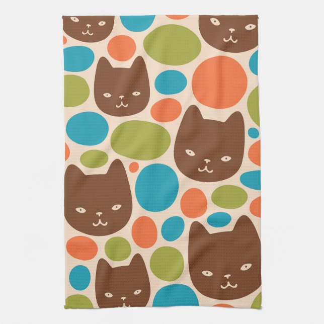 Polka Dot Cats Pattern Tea Towel (Vertical)