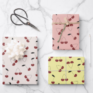 Polka Dot Cherry Pattern Cream White Yellow Pink Wrapping Paper Sheet